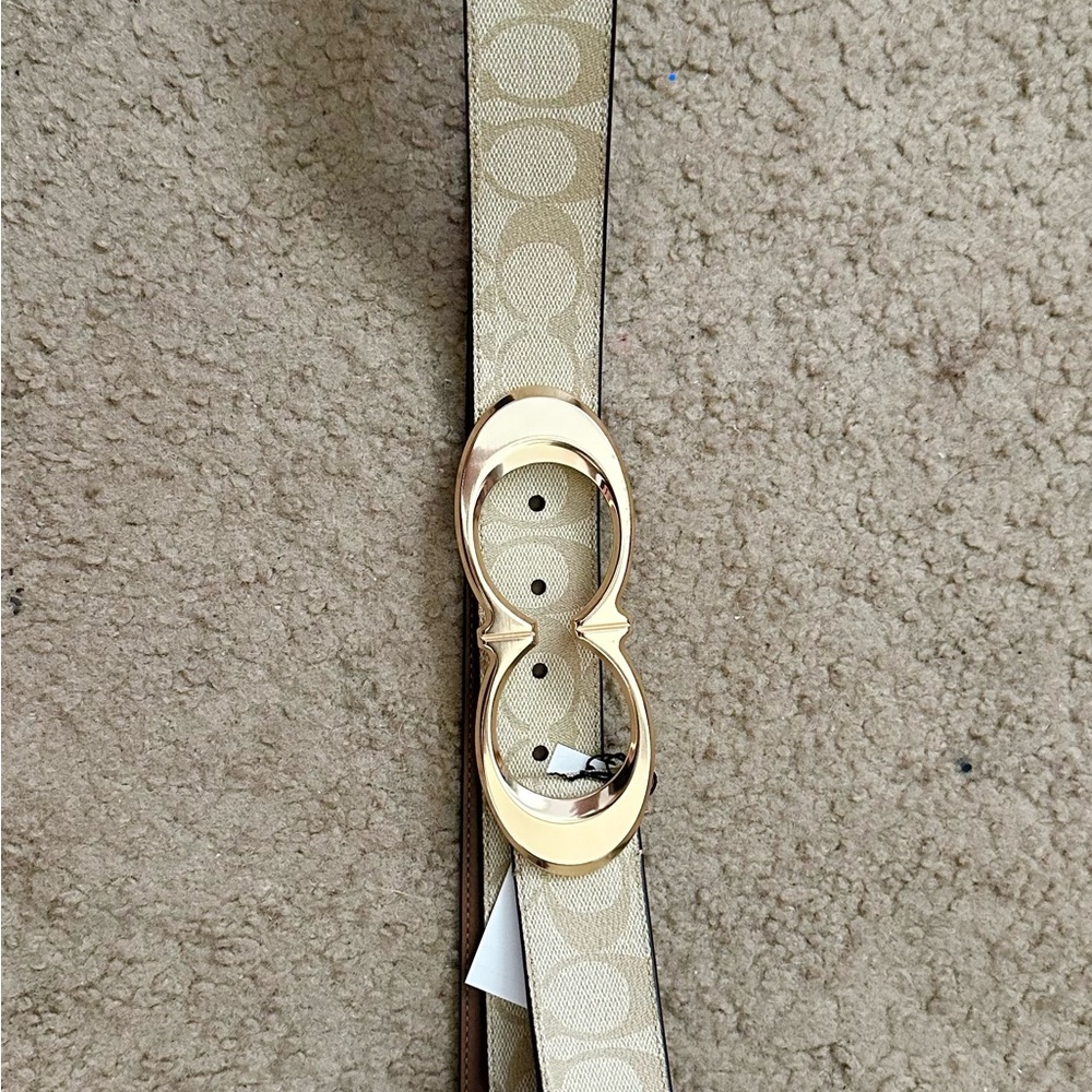 Coach Beige Signature Canvas Belt with Gold Double‑C Buckle